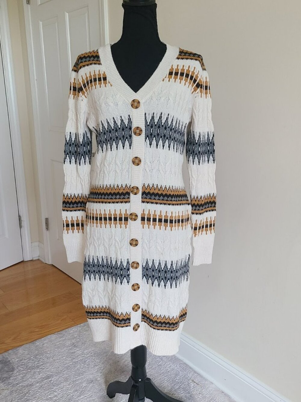 Lucky Brand Sweater Dress L Fair Isle Southwestern Button Front Cable Knit